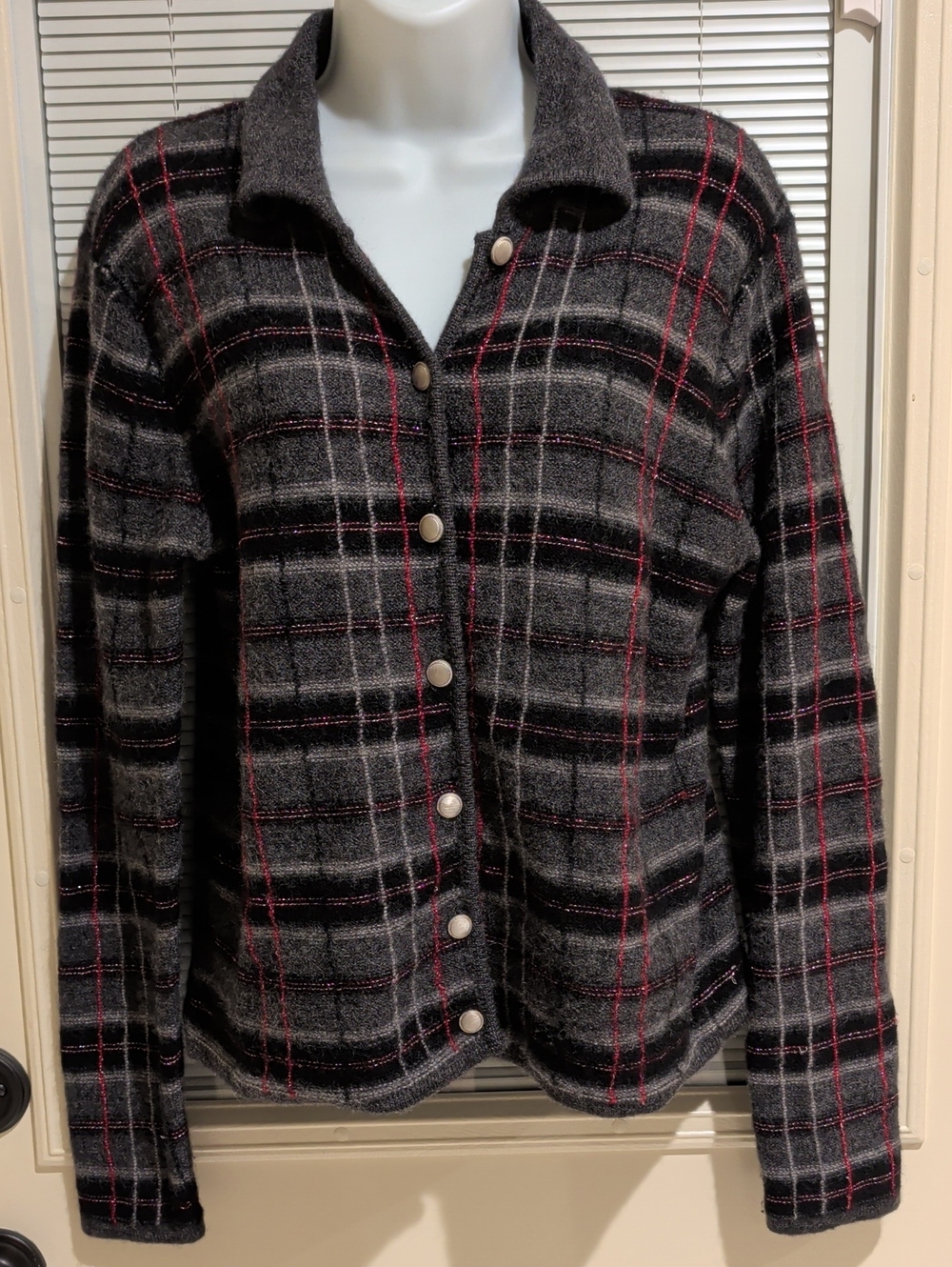 Karen Scott Gray Wool Plaid Teddy Jacket with Pink Accents Size PM